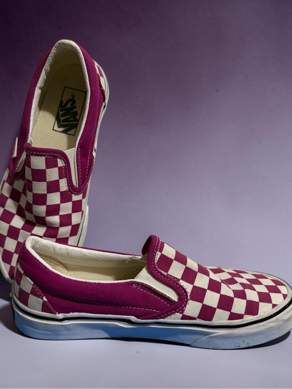 Vans Checkerboard Slip-On in Fuchsia and White with Light Blue Sole